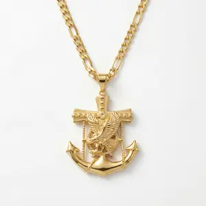Anchor Cross Eagle 14K Gold Plated Pendant With Figaro Chain 4,5MM in 22 Inches Fine 14K Gold Plated