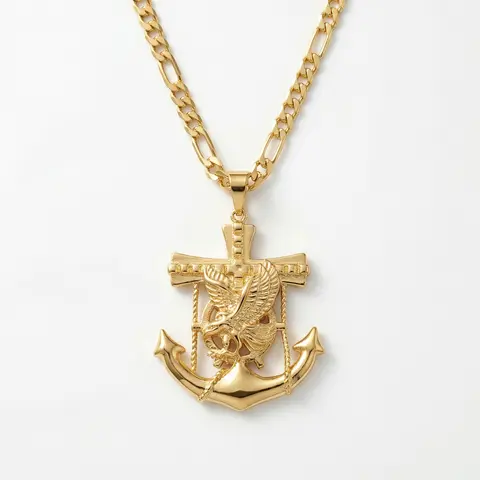 14K Gold Plated Unique Design Anchor Cross Eagle Motif Pendant Necklace - 4.5MM 22-Inch Figaro Chain, Fashion Pendants, Daily Wear Fine Costume Jewelry for Adults & Those Who Appreciate Fine Jewelry