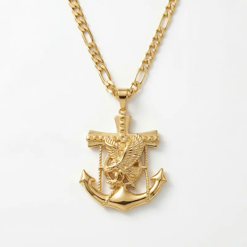 14K Gold Plated Unique Design Anchor Cross Eagle Motif Pendant Necklace - 4.5MM 22-Inch Figaro Chain, Fashion Pendants, Daily Wear Fine Costume Jewelry for Adults & Those Who Appreciate Fine Jewelry