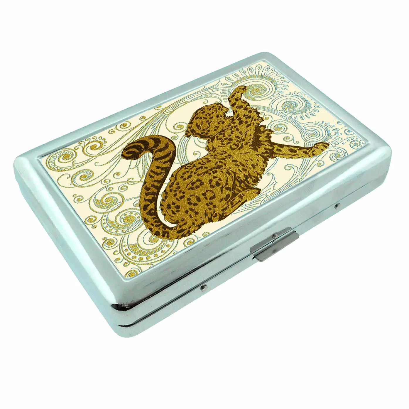 Cheetah Noveau Y2k Spiral Silver Metal Case Card Holder Wallet Tin Box Business Card