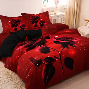 3-piece red rose 3D printed quilt cover set, soft, comfortable and breathable, machine washable, suitable for bedroom, bedding decoration, Decorative duvet cover, holiday gift, Thanksgiving (1* quilt cover + 2* pillowcases. Inner core not included)