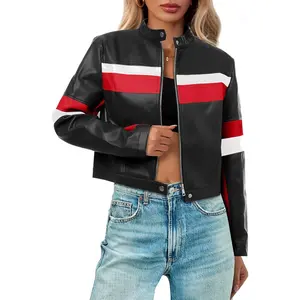 FMEYOA Womens Cropped Moto Biker Jackets Faux Leather Bomber Jacket Color Block Vintage Racing Coats