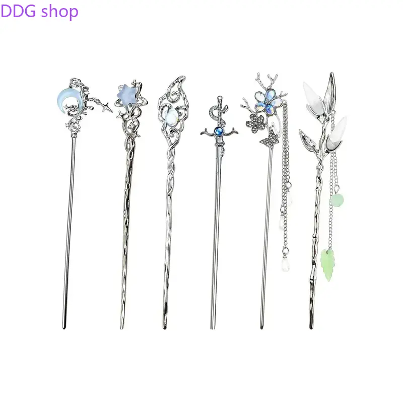 6PCS Star & Moon Hair Sticks for Buns, Vintage Silver Metal Hair Chopsticks, Elegant Updo Holders for Long Hair, Chinese Hanfu & Asian Hairpins for Women & Girls