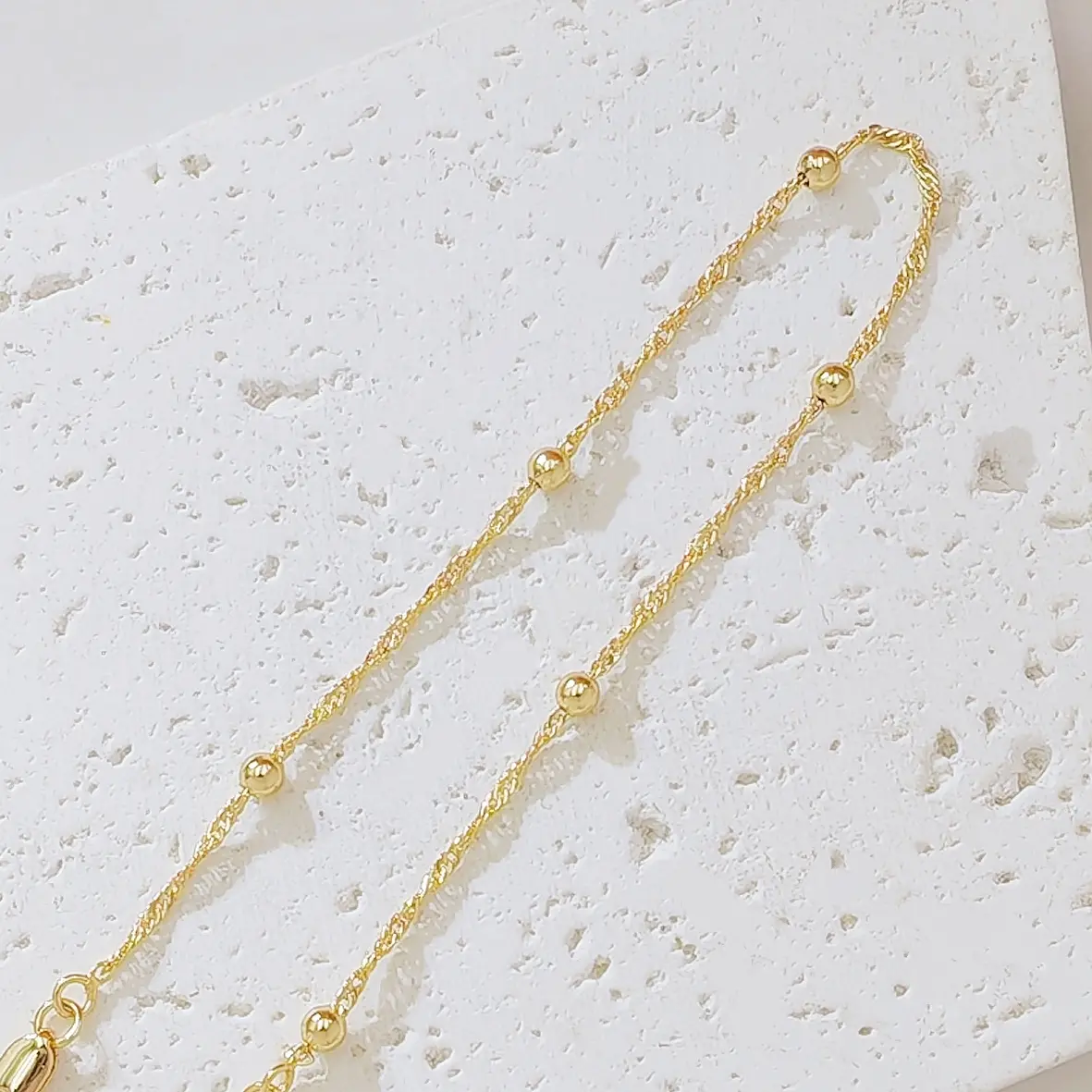 14K Gold plated Twist Chain Ankle Bracelet for Women, Dainty Beaded Satellite Anklet with Adjustable Extension Chain, Minimalist Summer Beach Foot Jewelry Gift