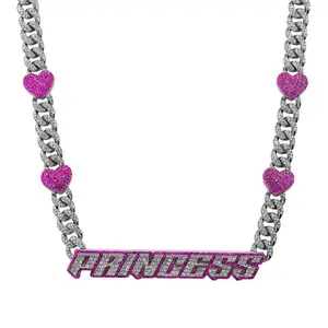 Women’s Large Princess Pendant Necklace with Cuban Chain – 18" Pink Heart Accents