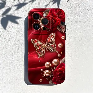 Red Butterfly Pattern Phone Case , Soft Silicone, Fully Protected and Shockproof Cover For iPhone 16 15 Pro Max 14 13 12 11 X Plus Complete Protection