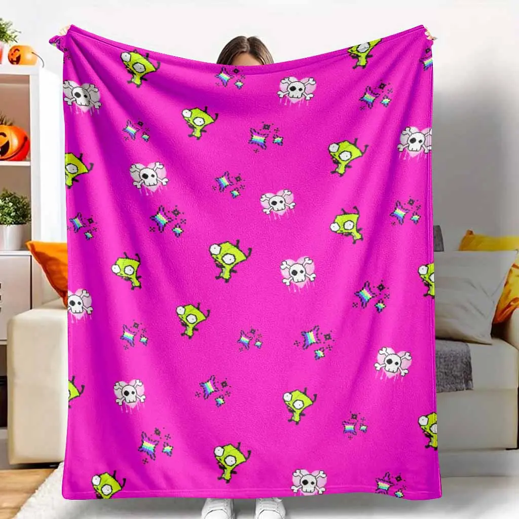 Neon Pink Alien Skull Pixel Art Flannel Blanket Retro Arcade Print Soft Cozy Warm Lightweight Plush for Home Sofa Bed Travel Camping Gift Halloween Party Decor