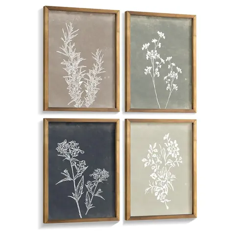 4-Piece Gradient Framed Minimalist Boho Gray-White Florals Wood Wall Art, 12x16 Brown Botanical Prints, Sturdy Lightweight Rustic Chic Home Decor Plaques, Kitchen Sideboard Decoration, Valentine's Day Gift