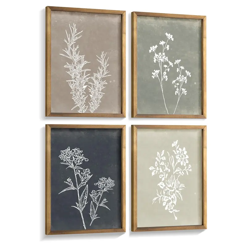 4-Piece Gradient Framed Minimalist Boho Gray-White Florals Wood Wall Art, 12x16 Brown Botanical Prints, Sturdy Lightweight Rustic Chic Home Decor Plaques, Kitchen Sideboard Decoration, Valentine's Day Gift