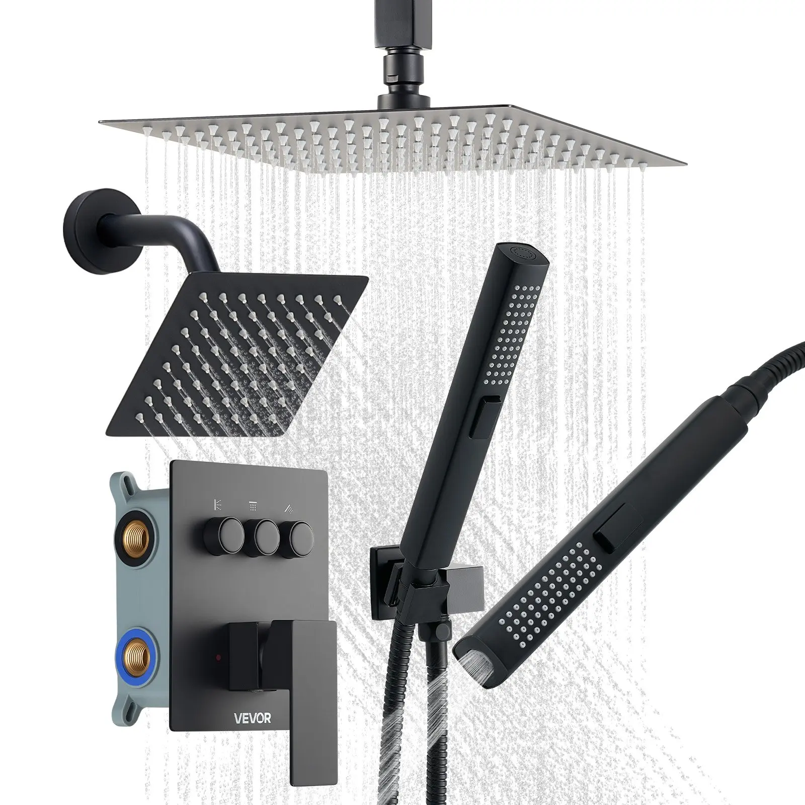 VEVOR Shower Faucet Set, 10 Inch Ceiling Mount Rainfall Shower System with 6 Inch Wall Mount Head and 2 in 1 Handheld Spray, Rotatable 3-Function Dual Rain Head Brass Valve and Trim Kit, Matte BlackSummervibes