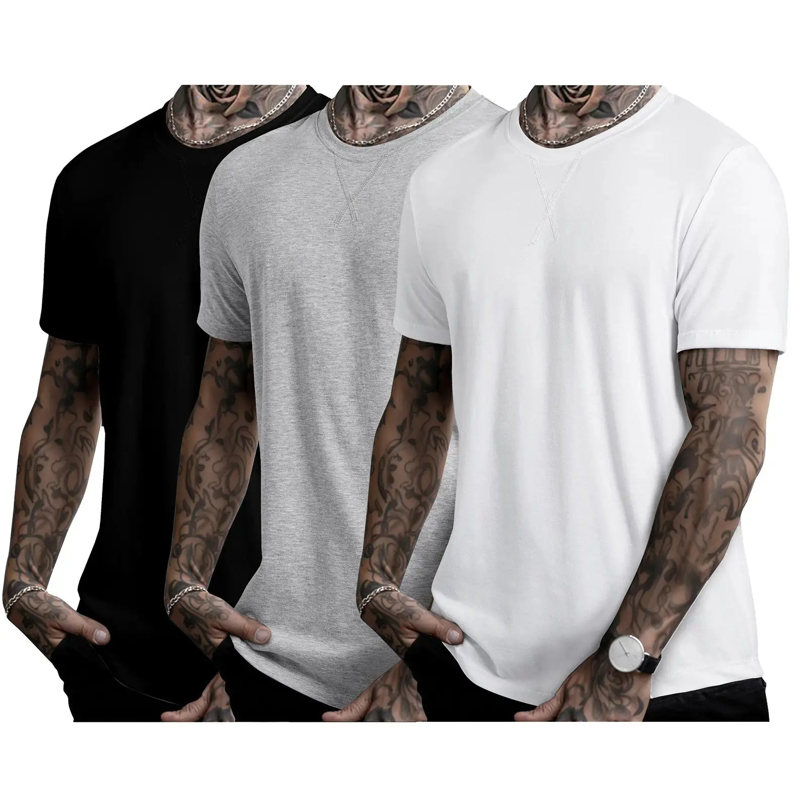 Mens 3 Pack Cotton Hipster Hip Hop Longline Crewneck T-Shirt,Menswear Casual Tshirt Tops,TikTokShopfalldealsforyou