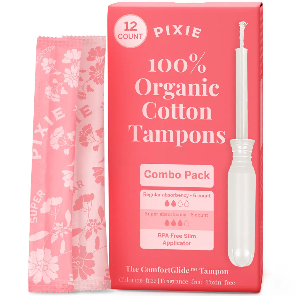 Pixie Organic Cotton Tampon Combo Pack – Regular & Super Absorbency – BPA-Free Long Applicator – Unscented, Chlorine-Free Feminine Care – 12 Count