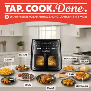 Gourmia 8 Qt Square Window Air Fryer with 8 Presets Digital Display FryForce 360° Technology Easy View Window Interior Light Dishwasher Safe Basket for Healthier Meals Large Capacity Family Sized