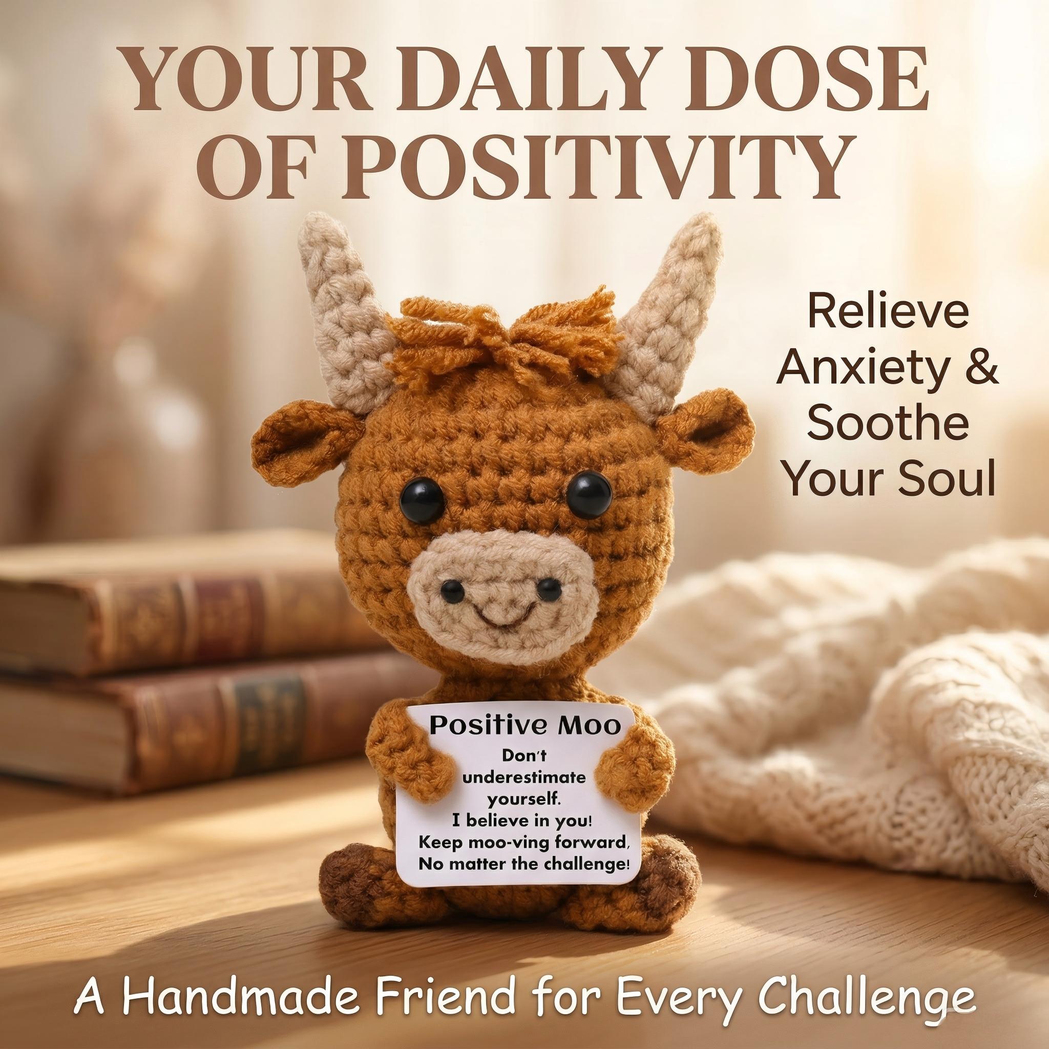 Handmade Crochet Positive Highland Cow Plush | Cute Knitted Cow Doll Soft Stress Relief Toy | Motivational Emotional Support Plushie | Perfect Gift for Birthday Christmas Graduation | Cute Desk Decor Bag Charm Keychain #fyp #cute #handmade #crochet