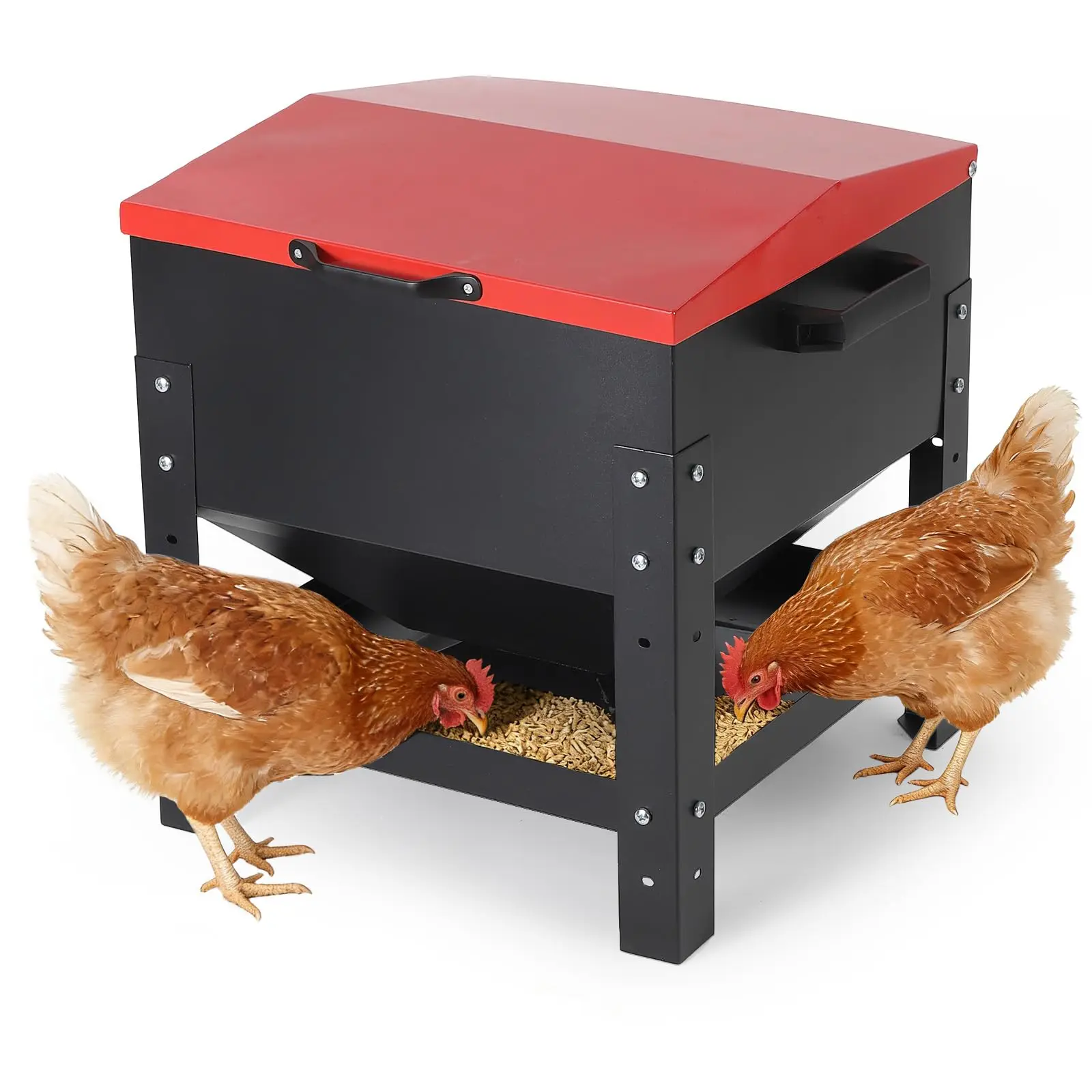 YJ-Garvee Metal Chicken Feeding Box, Large Capacity, Portable Galvanized Steel Feeder, Waterproof Lid, No Waste Automatic Poultry Feeder for Ducks, Hens and Roosters, Standing Design for Chicken Coop, Red
