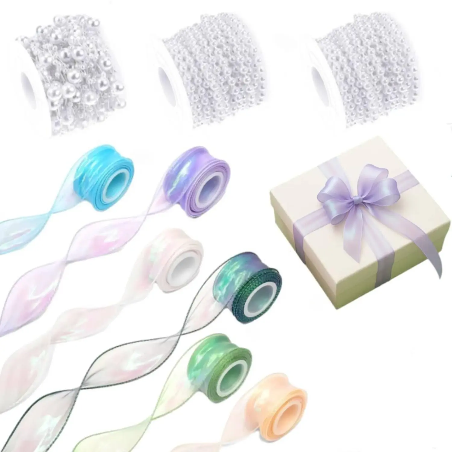 9 Rolls Pearl Garland & Iridescent Ribbon Set for Gift Wrapping, Wedding Decor, Bouquet, Crafts, Party Decorations