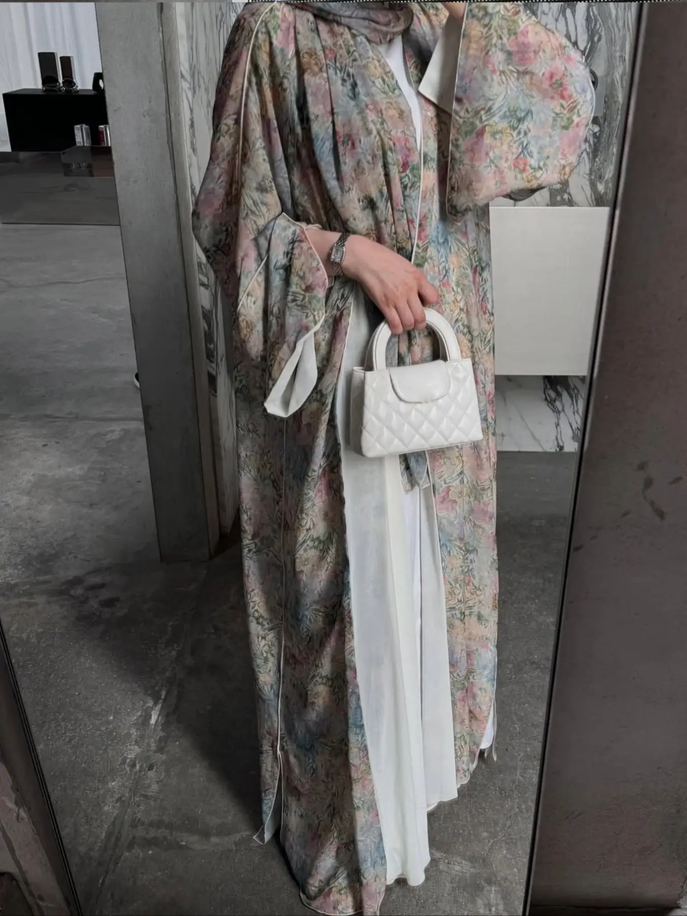 Elegant Arabic Traditional Open Front Long Sleeve Floral Print Abaya Dress with Headscarf, Oversized Fit, All Seasons Wear