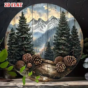1PC 2D Plane Winter Mountain Pine Metal Wall Decor - Rustic Modern Round Alpine Forest Scene with Snow-Capped Mountains and Pine Cones - Durable Aluminum Indoor/Outdoor Decoration Suitable for Home, Coffee Shop, Cabin - 7.87inch Round Dark Green and Brown