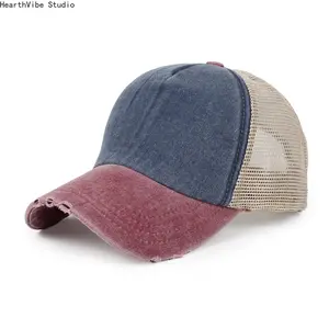 Unisex Color-Blocked Summer Baseball Cap - Breathable Washed Cotton Mesh Sun Hat, Thin Lightweight Snapback for Sports & Outdoor Use,summerwins