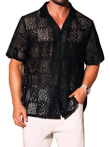 INSPIRE CHIC Hollow Lace Shirt for Men's Button Down Short Sleeve See Through Mesh Shirts