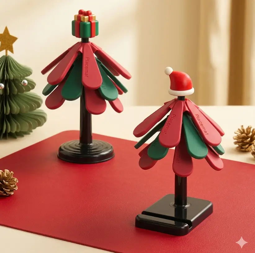 Tree Shape Christmas Silicone Trivet Set with Foldable Storage Stand - 18cm Large, 10mm Thick Heat-Resistant, Non-Slip Food-Safe Kitchen Table Coasters & Pot Holders
