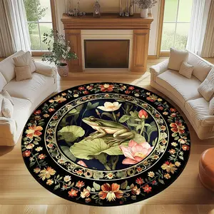 Frog & Floral Pattern Round Floor Mat, Non-slip Soft Floor Carpet, Decorative Area Rug for Home Living Room Bedroom, Vanity Decor Accessories, Decorative Rugs
