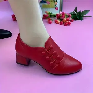 Elegant Red Women's Mary Jane Pumps - Comfortable Mid-Height Chunky Heel, Soft Sole, Faux Cover, Round Toe with Decorative Laces, Perfect for Dress & Casual Wear, Autumn Heels | Feminine Fashion | Faux Cover Pumps, Cute Heels