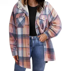 Plus Size Women’s Flannel Plaid Shacket Jacket, Long Sleeve Button-Front Fleece Hooded Jackets for Fall/Winter, Casual Autumn Women’s Plaid Style, Matches With Various Occasions