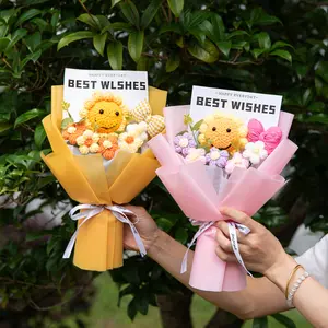 Crochet Smile Sunflower Bouquet Handmade Knitted Flower Gift for Women Girls Best Friend Birthday Present Decorative Bouquet Home Decoration Bouquet Artificial Bouquets