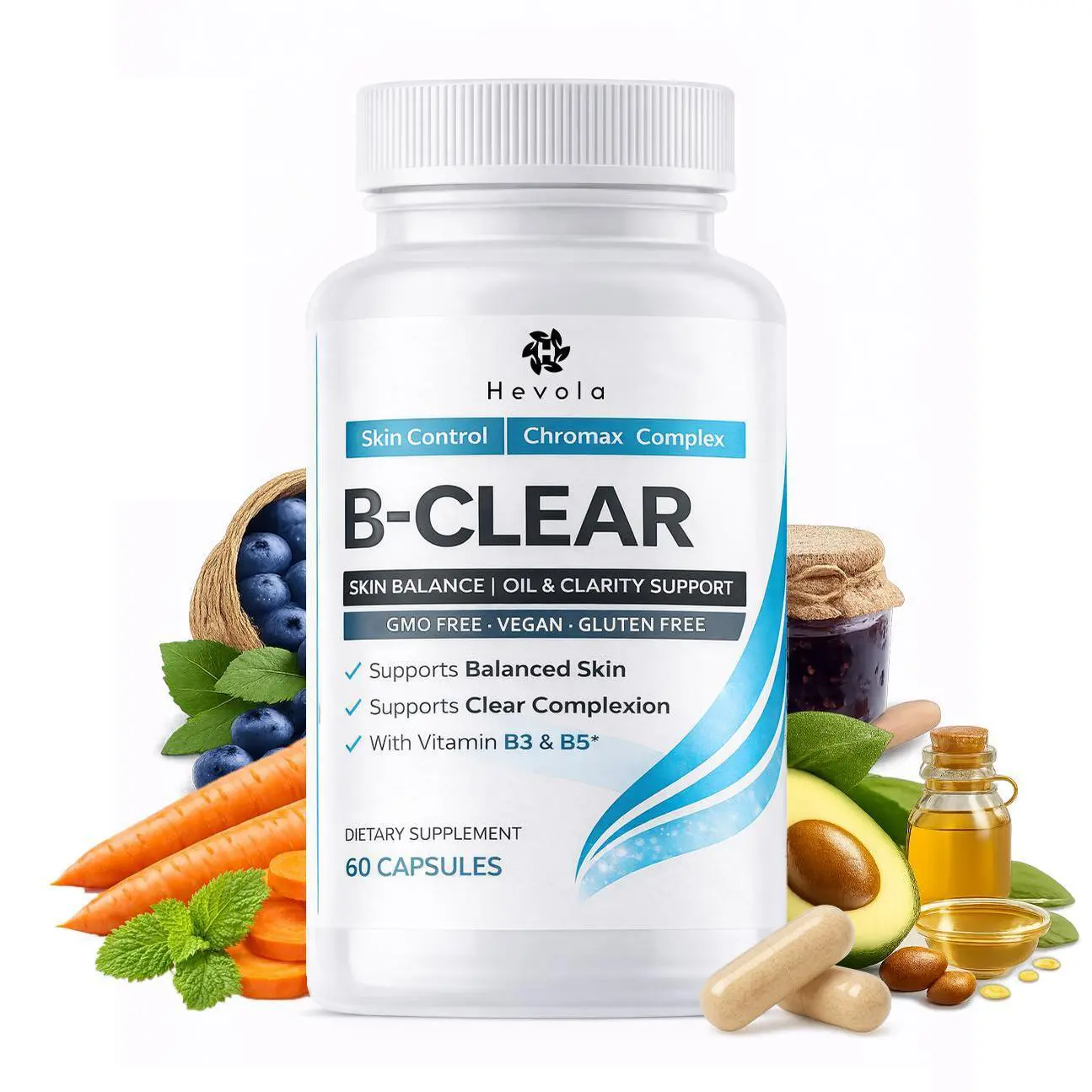 B-CLEAR Daily Skin Formula Vitamin Supplement, 60 Veggie Capsules, Natural Dietary Supplement with Niacinamide & Pantothenic Acid, Acne & Breakout Support, Skin Care Enhancement