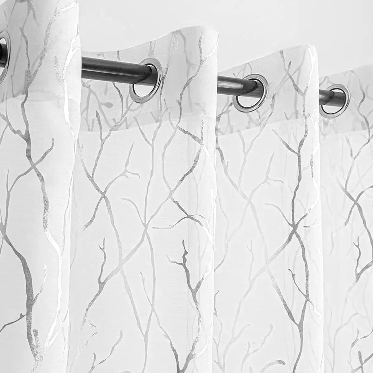 Silver White Sheer Curtains 84 Inches Long - Printed Classy Silver Tree Branch Curtains for Bedroom Grommet Top Window Tree Curtains for Living Room, 52 x 84 Inch, 2 Panels, Silver and White