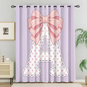 Grommet Blackout Curtains Set of 2, Coquette Pink Bow Initial A Blackout Curtains, Pink Bow Polka Dot Lavender Print, Thermal Insulated Light Blocking Window Drapes for Girls Bedroom Decor, Perfect Gift for Bow Lovers