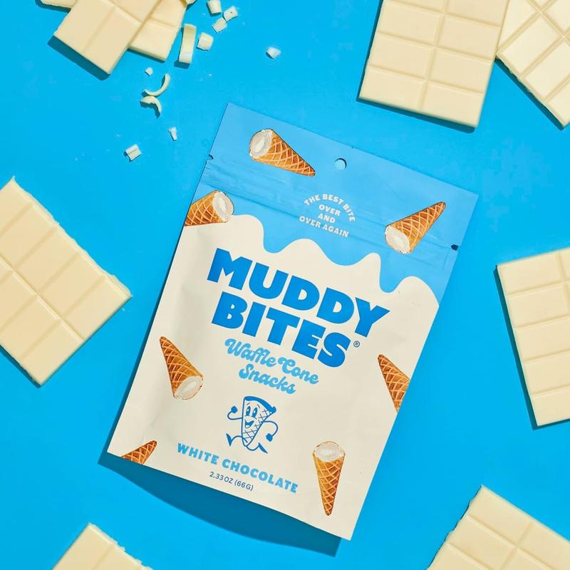 Muddy Bites Waffle Cone Snacks Bite Sized Filled Cone Bites for Snack or Dessert, Milk, Dark & White Chocolate, Made with Cane Sugar, Kosher, Fair Trade Certified (Variety Pack, 6 Bags)
