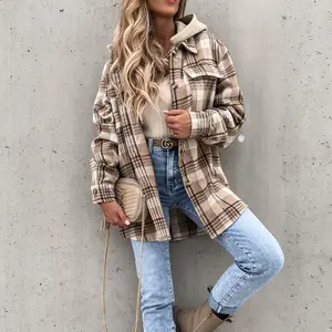 Womens Jacket Button Down Jacket with Hood Plaid Hoodie Coats