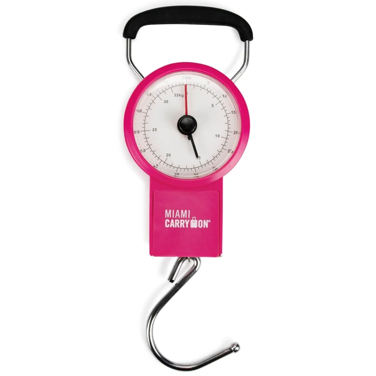 Pink Plastic-Steel Classic Mechanical Luggage Scale with Hook, Foldable Grip, Built-in Tape Measure, Easy-to-Read Dial, Dial Lock, 0.4lbs Weight, 75lbs Capacity, 4.55in H x 1.55in W x 3.2in L, Environmentally Friendly Packaging for Travel & Miami Carry On