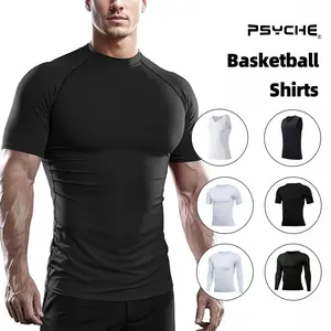 PSYCHE Compression Shirt Solid Color Round Neck Fitting Sports Tee Summer Clothes Quick Drying Breathable Skin Sportswear for Gym Workout Running Basketball Leggings Men