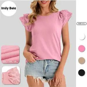 Imily Bela Women's Ruffle Cap-Sleeve Blouse - Breathable Fabric Short-Sleeve Crewneck Cute Basic Tee, Dressy Casual Summer Lace Tank Top for Day Wear