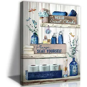 2D Flat Navy Blue Bathroom Decor Wall Art Rustic Blue Bathroom Canvas Wall Decor Please Seat Yourself Sign Print Painting Vintage Aesthetic Picture Artwork