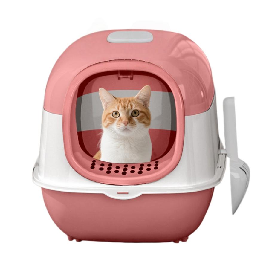 No-Mess Hooded Enclosed Cat Litter Box with Odor Control and, Standard, Multicolor, Extra Large Enclosed Cat Box with Litter Scoop - Gray/Pink