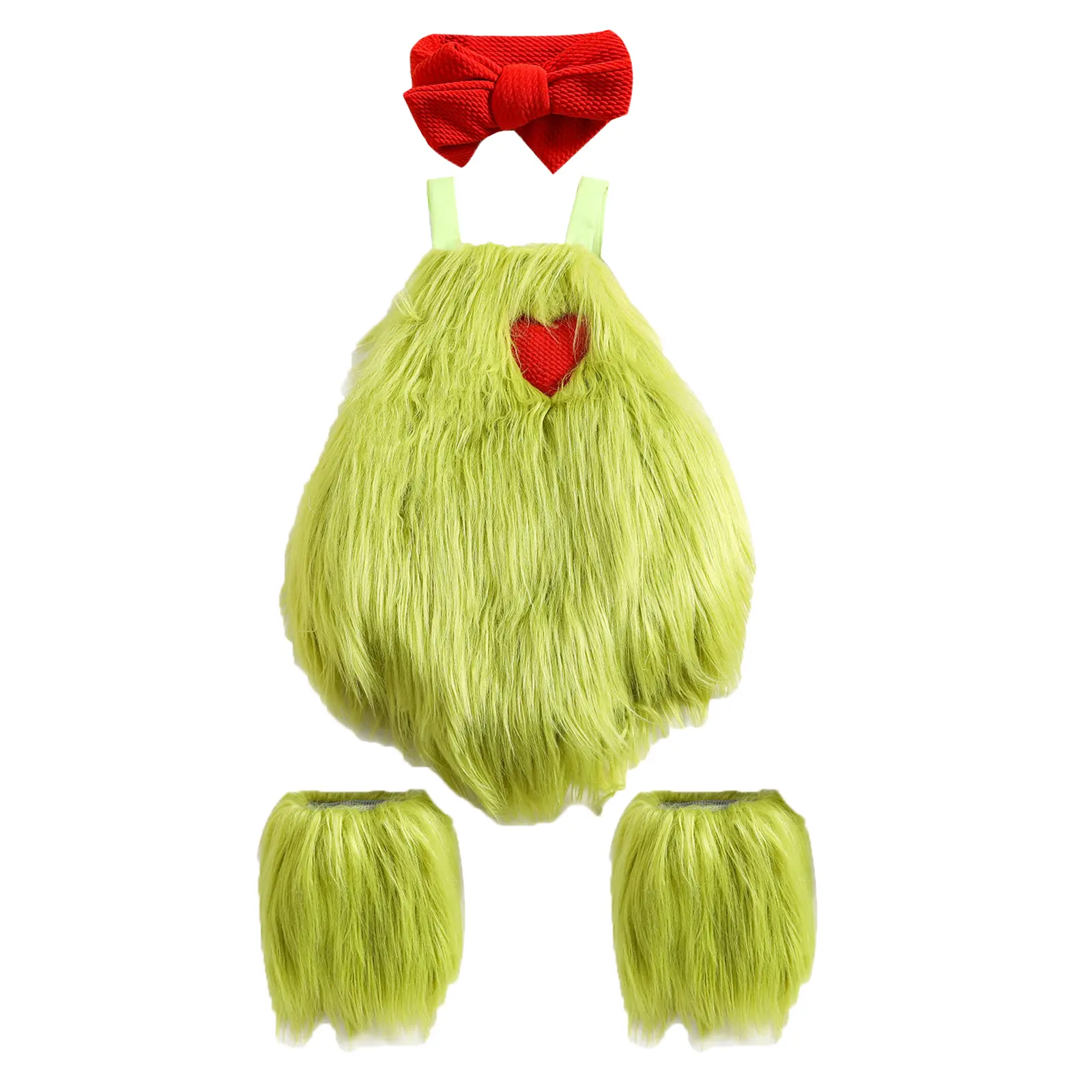 Baby Girl Christmas Clothes Sets Bodysuit Heart Applique Green Sleeveless Plush Romper+Bowknot Headband+Leg Warmer 0-3 Years