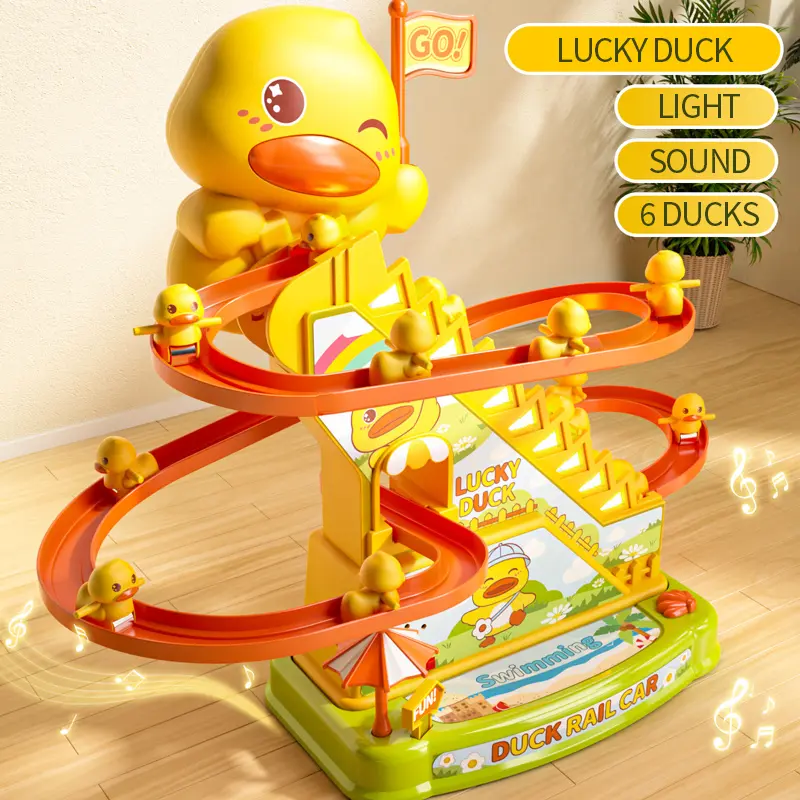 Duck Climbing Stairs Toy for Kids Ages 3-6, Electric Yellow Duck Slide Toy with 6 Mini Ducks, Light & Music Interactive Educational Toy, Fun Indoor Activity Birthday Christmas Gift