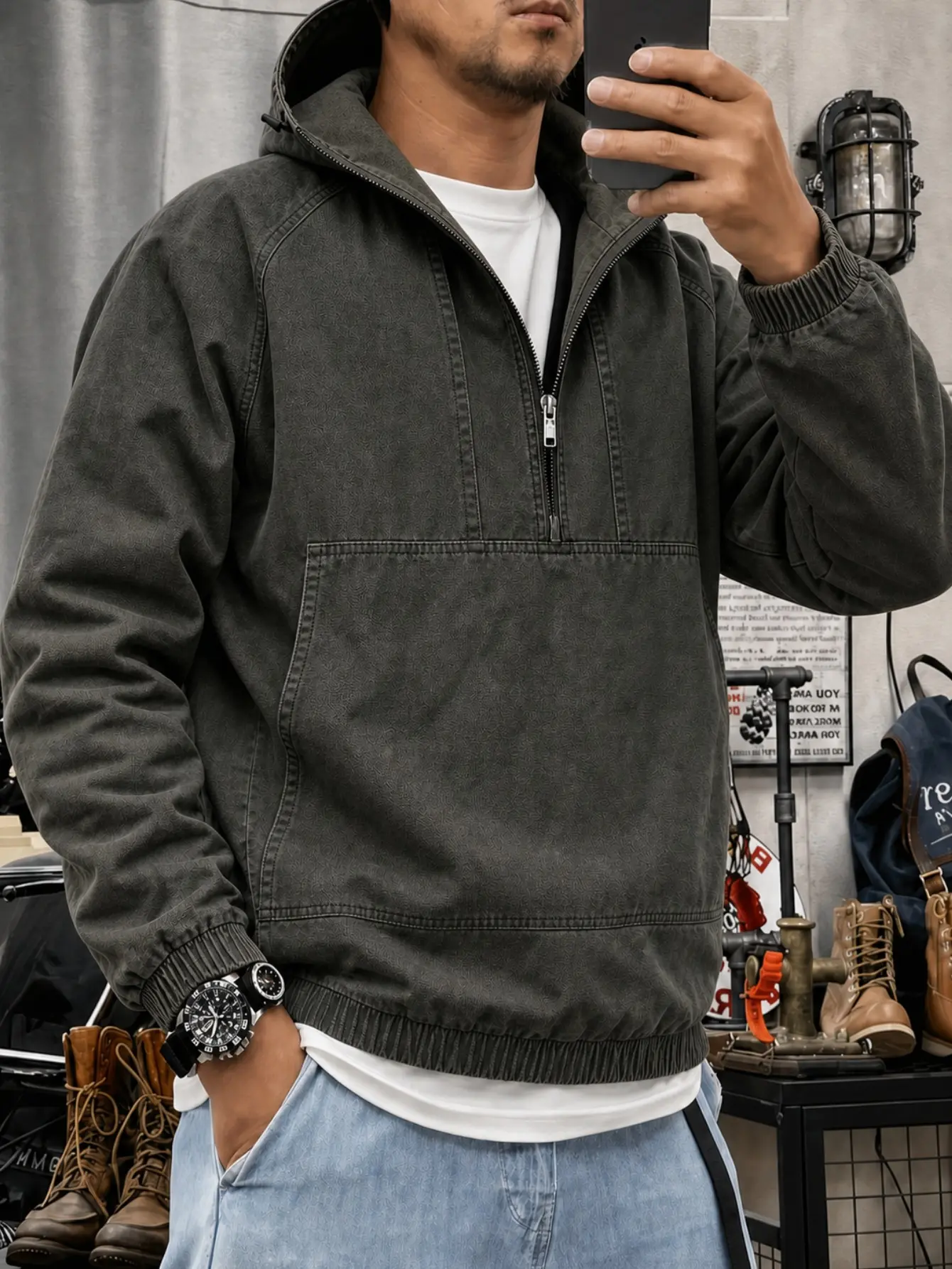 Men’s loose cargo sweatshirt with hood, half zip, and large patch pocket