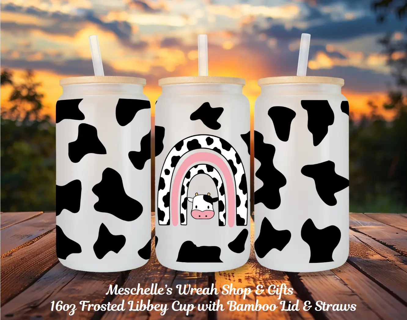 16oz Round Portable Sublimated Art Frost Glass Can-Shaped Tumbler - BPA-Free, Reusable, Hand-Washable, Bamboo Lid, Straw Included, Gift-Ready Kitchen Drinkware Bottle Cup for Beer, Soda, Can Shape