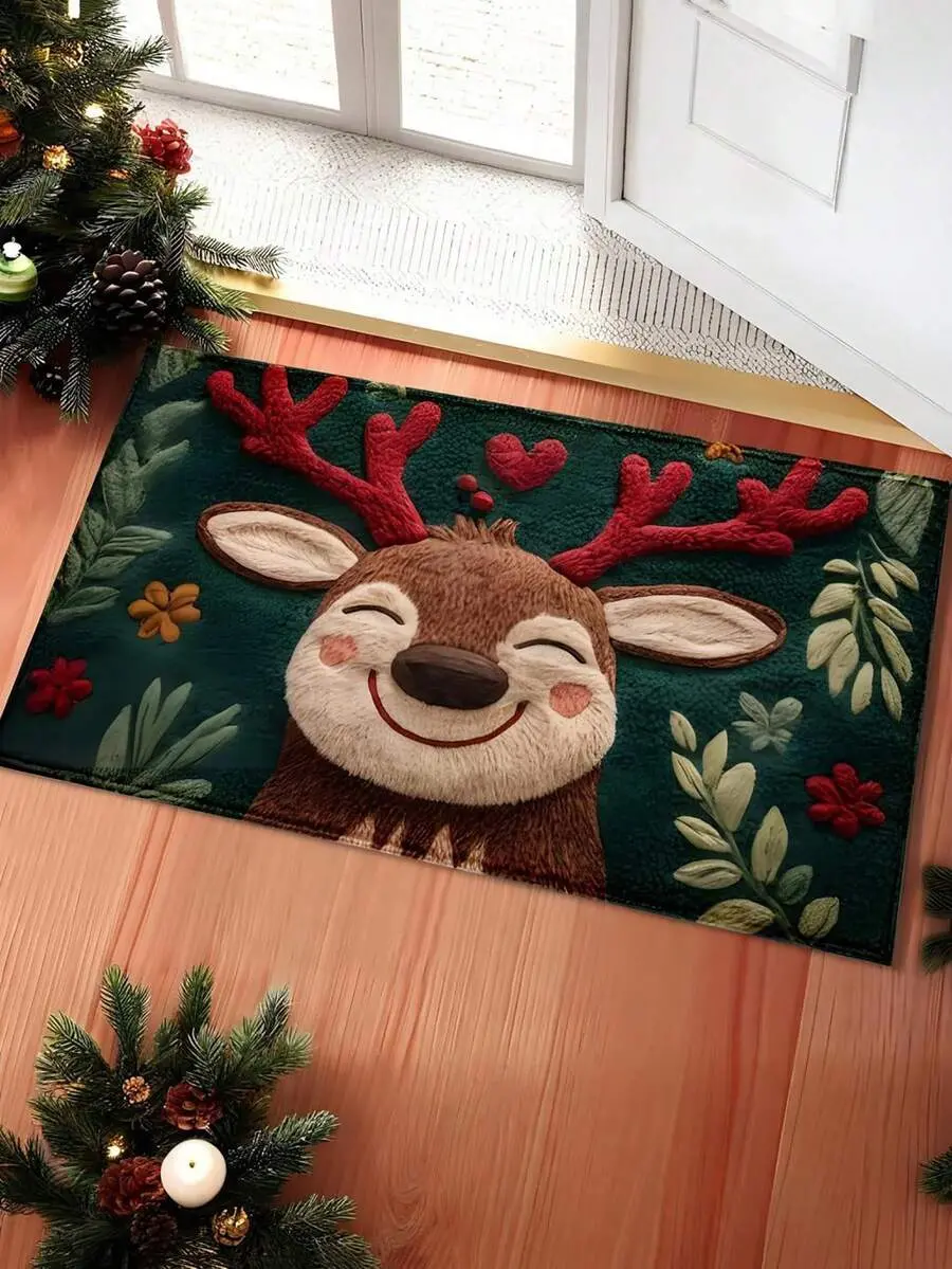 $5.67 1pc Fluffy Christmas Deer Microfiber Bath Mat - Quick-Dry, Absorbent, Dirt-Resistant & Machine Washable | Festive Design With Red Berries & Green Leaves, For Kitchen & Bathroom Decor