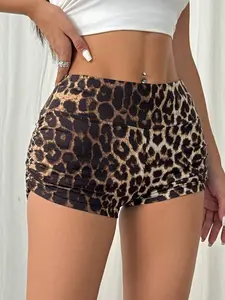 High Waist Side Pleated Leopard Print Peach Hip Flattering Yoga Shorts, European and American Style, Fitness Workout Shorts for Women