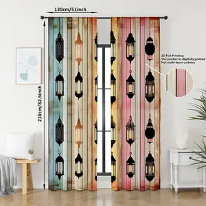 2pcs Ramadan Festival Nordic Style Lampshade Curtains, Gradient Retro Lantern Pattern Half Light Blocking Drapes, Living Room Bedroom Decor