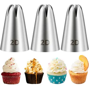 3 Pieces Large 2D Piping Tips Set - Stainless Steel Cake Decorating Nozzles, Drop Flower and Star Tips for Frosting, Icing, Cupcakes, DIY Baking Tools
