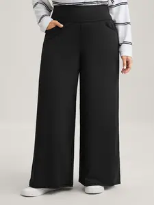 【High Waist】BLOOMCHIC Super Stretchy Wide-Leg Casual Pocket Pants Fit Black Minimalist Everyday Bottoms  thick thigh pants work outfits women baggy pants wide leg sweatpants cargo pants capri pants outfit