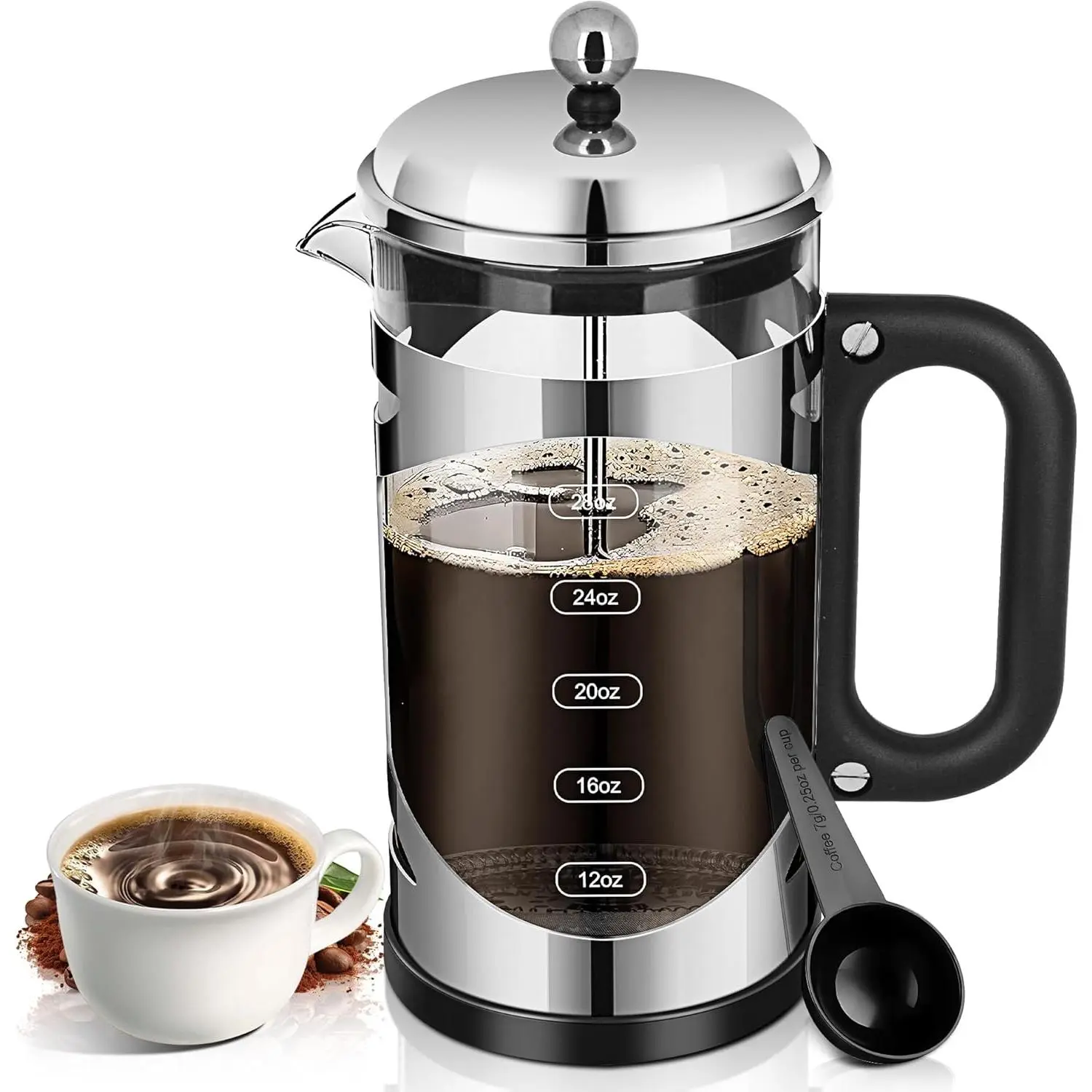 34 Ounce  Press Coffee Maker Chromium Stainless Steel Coffee Press, with 4-Level Filter System, Heat Resistant Thickness Borosilicate Glass,  Brewed Coffee Pot for Camping Gifts