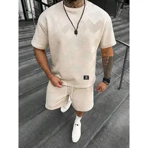 Men's Solid Color Textured Letter Patched Round Neck Tee & Drawstring Waist Shorts Two-Piece Set, Regular Fit Casual Fashion Short Sleeve T-shirt & Pocket Track Shorts, Men's Summer Clothes for Daily Wear